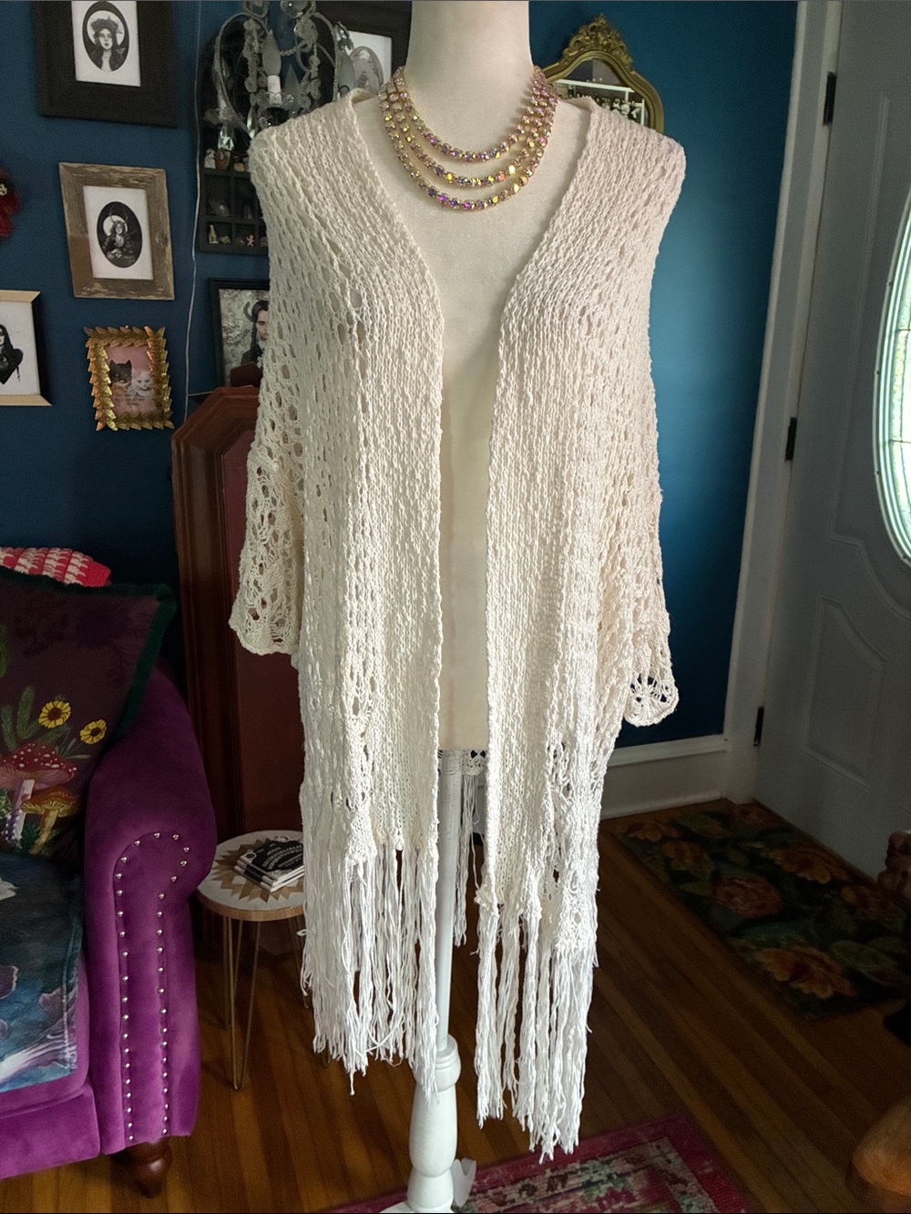 Hollister White Open Knit Fringe Cardigan Boho M/L Oversized